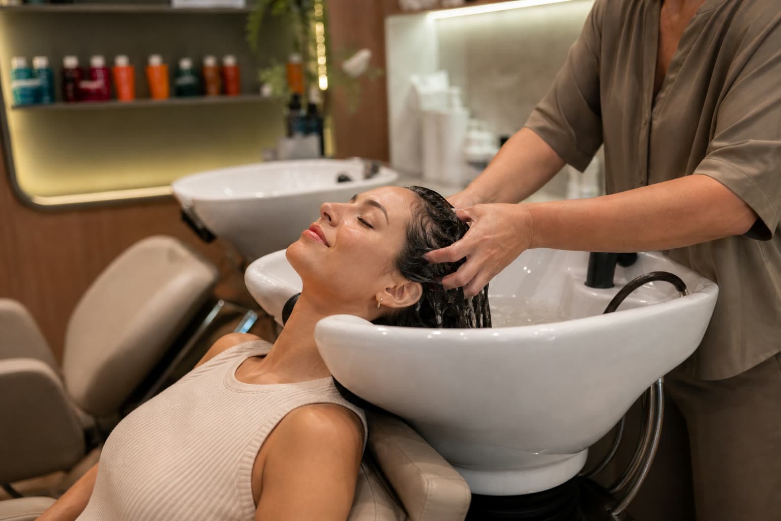 Cliente recebendo cuidado capilar no salão Harmonia